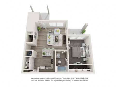 Floor plan for 1 bed, 1 bath, 749 sqft